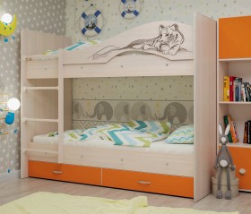 Кровать Мая-Сафари двухъярусная с ящикамиМлечный дуб/Оранжевый в Брянске - bryansk.katalogmebeli.com | фото