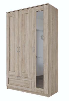Шкаф трехдверный Сириус с зеркалом и 1 ящиком дуб сонома в Брянске - bryansk.katalogmebeli.com | фото